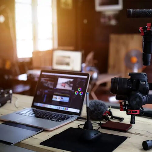 Video editing workstation with footage from a corporate video production